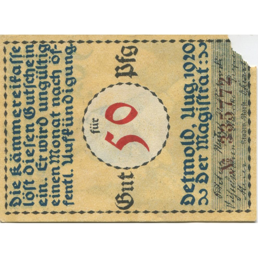 Banknote, Germany, Detmold Stadt, 50 Pfennig, personnage, 1920, AU(50-53)