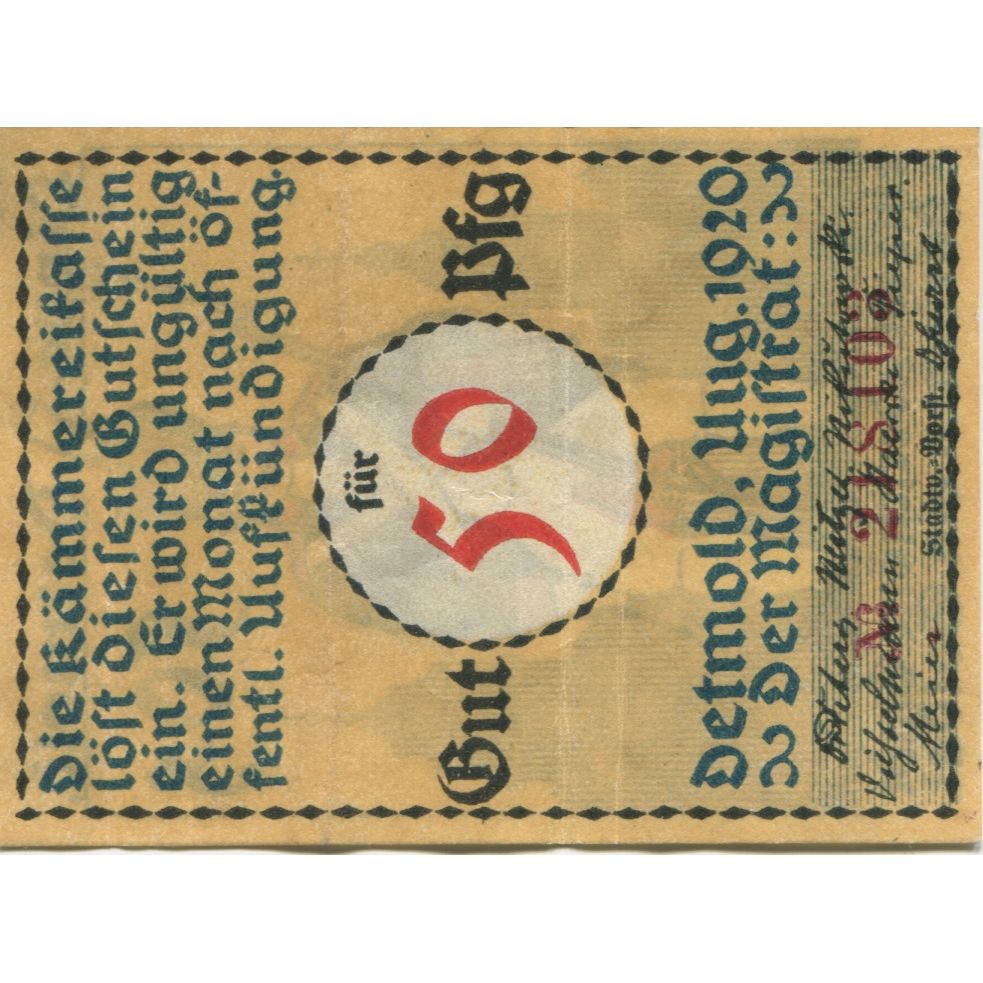 Banknote, Germany, Detmold Stadt, 50 Pfennig, personnage 2, 1920, AU(50-53)