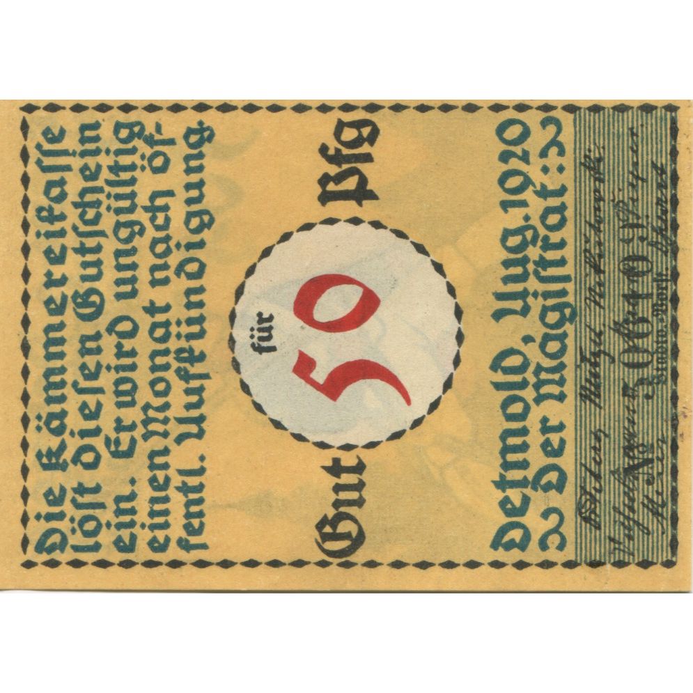 Biljet, Duitsland, Detmold Stadt, 50 Pfennig, personnage 3, 1920, SUP