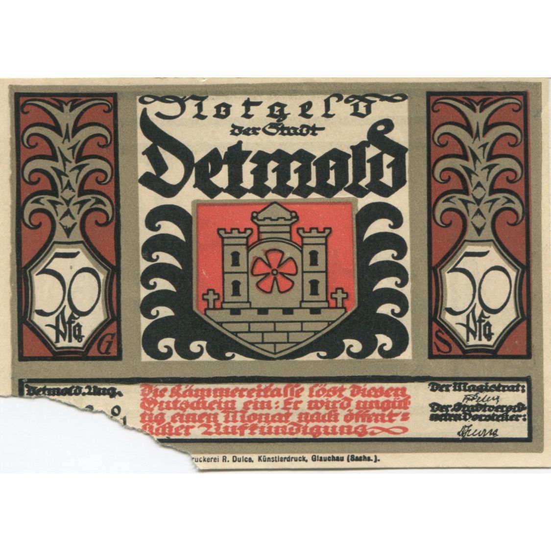 Banconote, Germania, Detmold Stadt, 50 Pfennig, personnage, 1920, BB