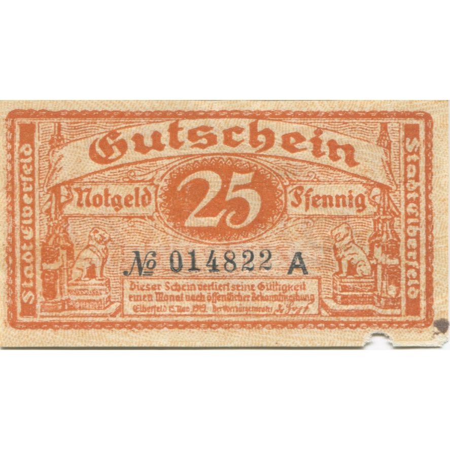 Banconote, Germania, Elberfeld Stadt, 25 Pfennig, valeur faciale, 1919 (1920)