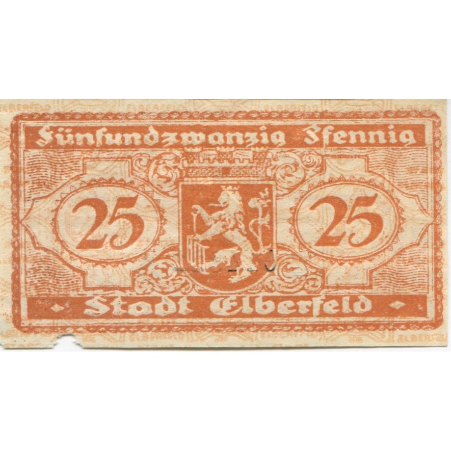 Banconote, Germania, Elberfeld Stadt, 25 Pfennig, valeur faciale, 1919 (1920)