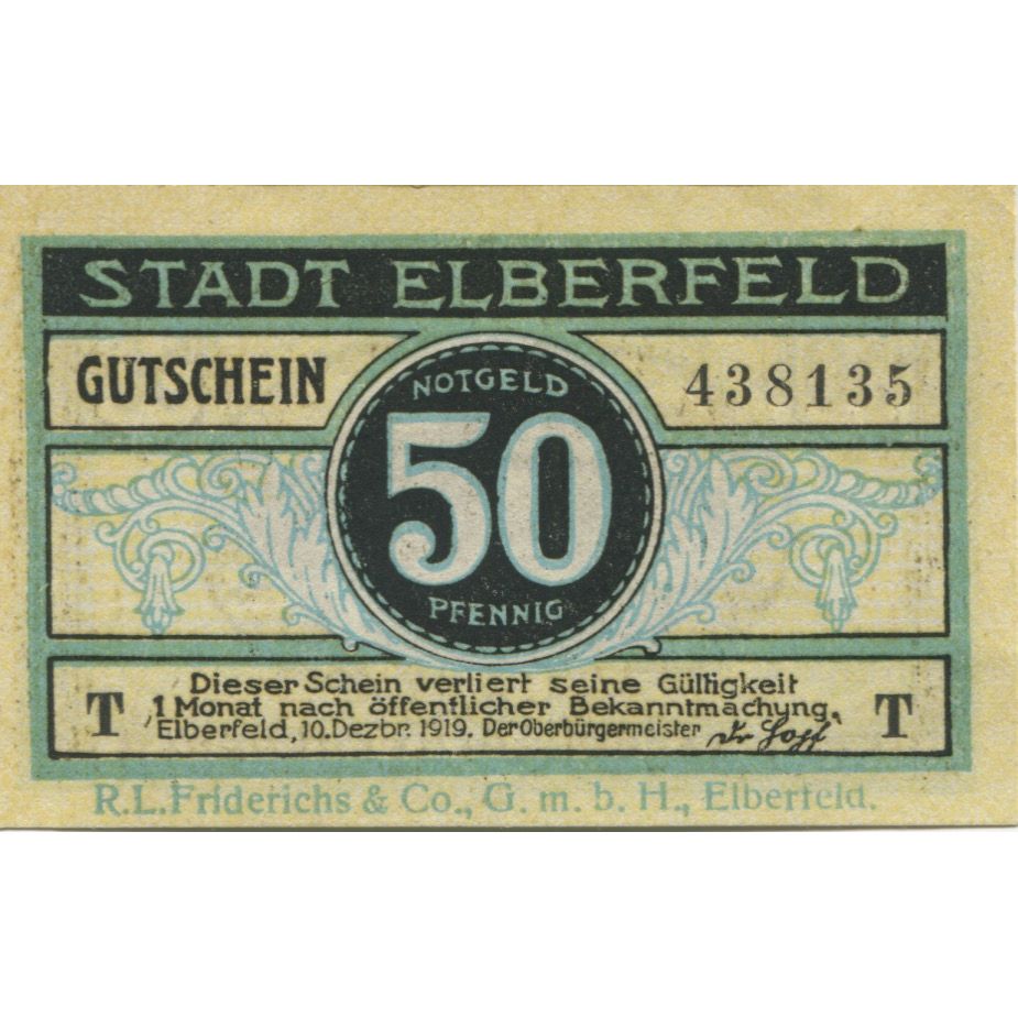 Billet, Allemagne, Elberfeld Stadt, 50 Pfennig, valeur faciale, 1919
