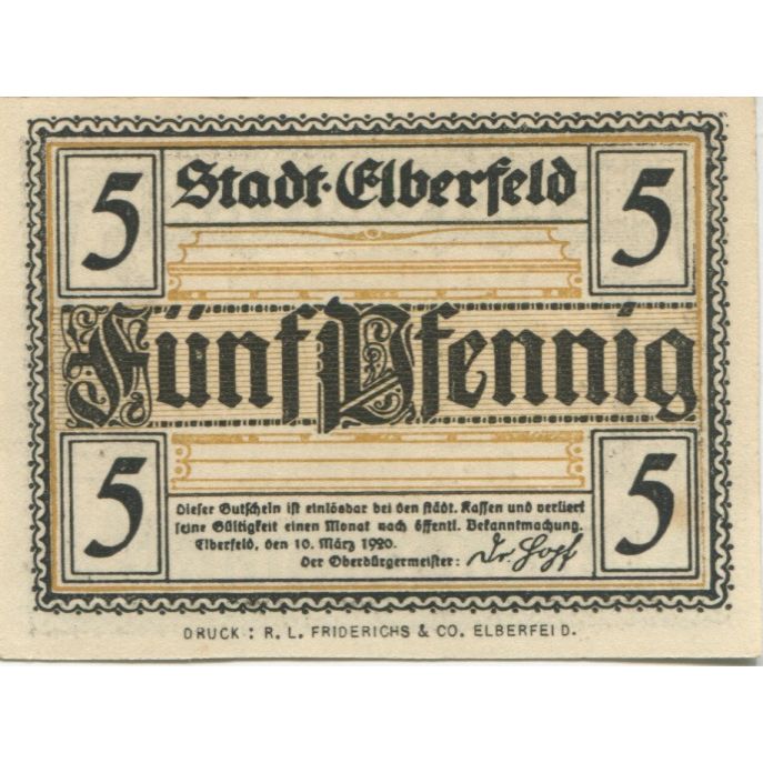 Banknote, Germany, Elberfeld Stadt, 5 Pfennig, Texte, 1920, 1920-03-10