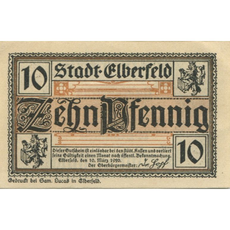 Banknote, Germany, Elberfeld Stadt, 10 Pfennig, Texte, 1920, 1920-03-10