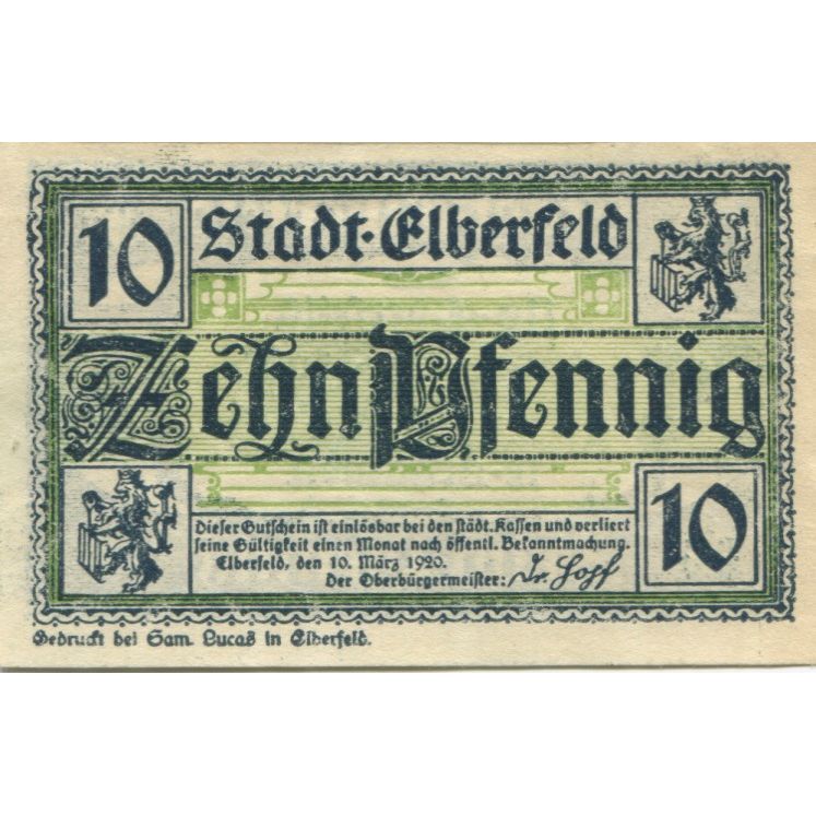 Banknote, Germany, Elberfeld Stadt, 10 Pfennig, Texte, 1920, 1920-03-10