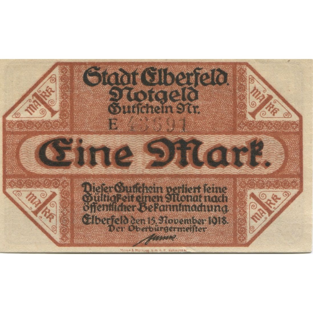 Banknote, Germany, Elberfeld Stadt, 1 Mark, Batiment, 1918, 1918-11-15