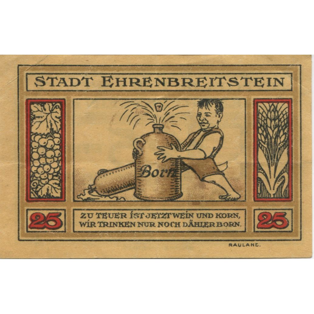 Banknote, Germany, Ehrenbreitstein Stadt, 25 Pfennig, personnage, 1921
