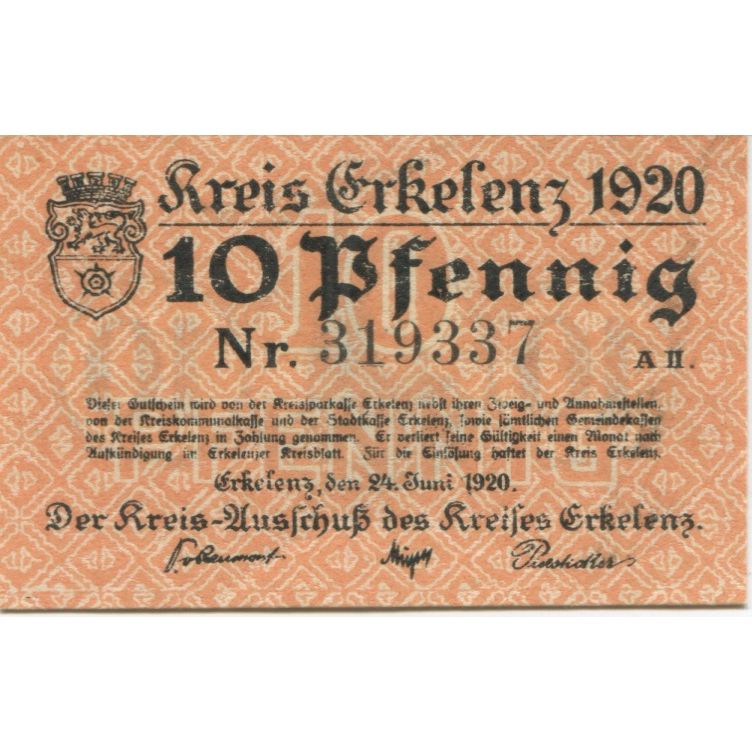Billete, Alemania, Erkelenz Kreis, 10 Pfennig, valeur faciale, 1920, 1920-06-24