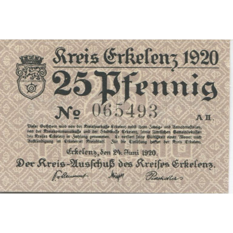 Geldschein, Deutschland, Erkelenz Kreis, 25 Pfennig, valeur faciale, 1920