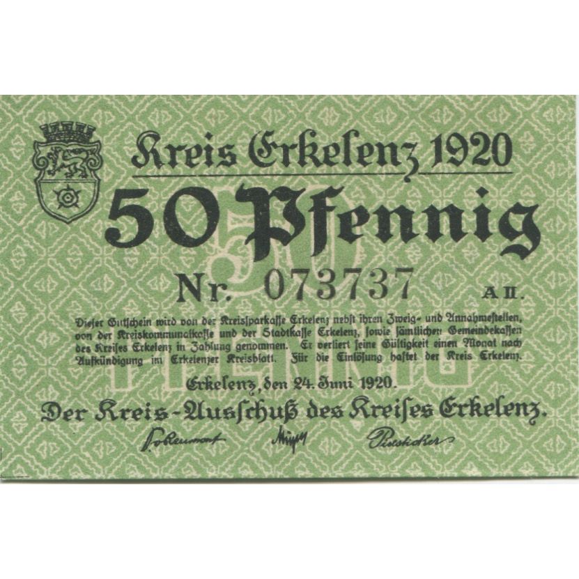 Nota, Alemanha, Erkelenz Kreis, 50 Pfennig, valeur faciale, 1920, 1920-06-24