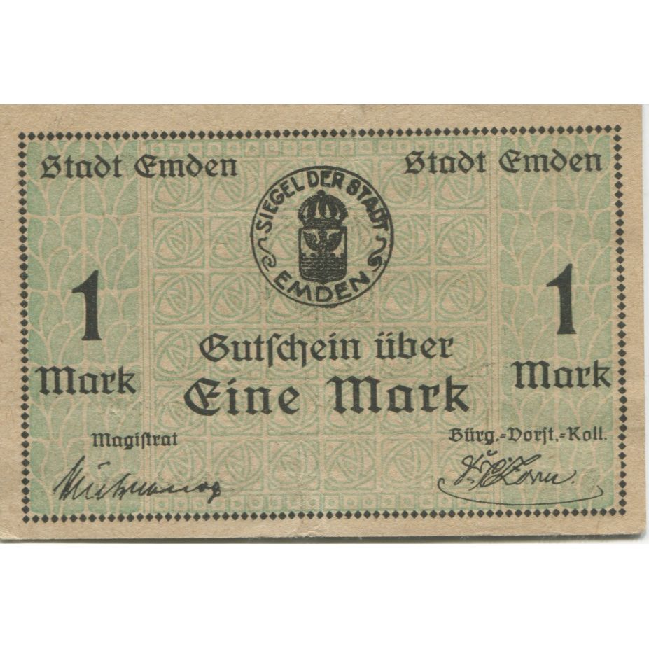 Banknote, Germany, Emden Stadt, 1 Mark, Texte, 1919, 1919-02-01, AU(55-58)