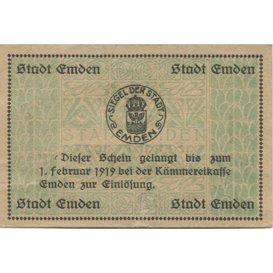 Banknote, Germany, Emden Stadt, 1 Mark, Texte, 1919, 1919-02-01, AU(55-58)