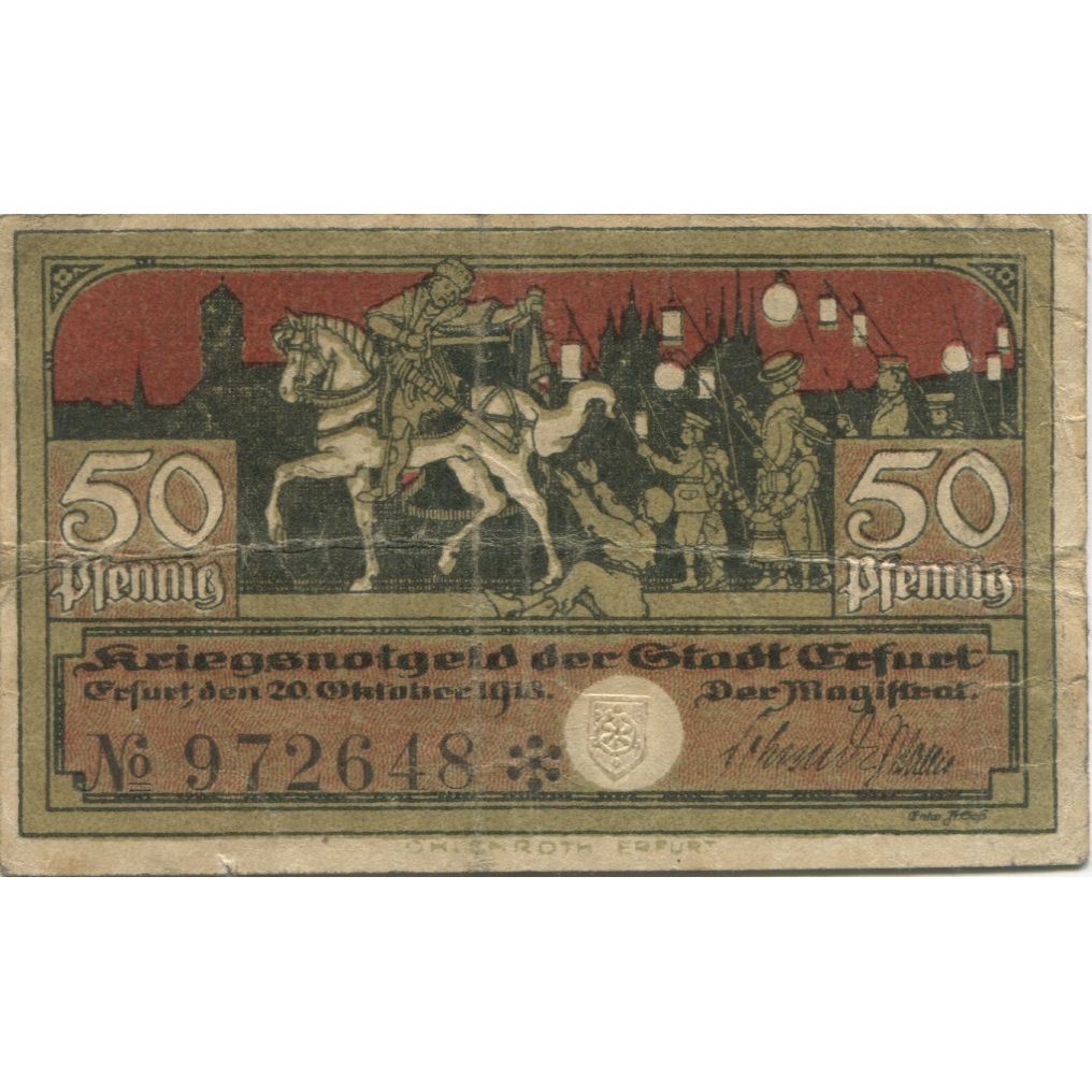 Banknote, Germany, Erfurt Stadt, 50 Pfennig, Texte, 1918, 1918-10-20, EF(40-45)