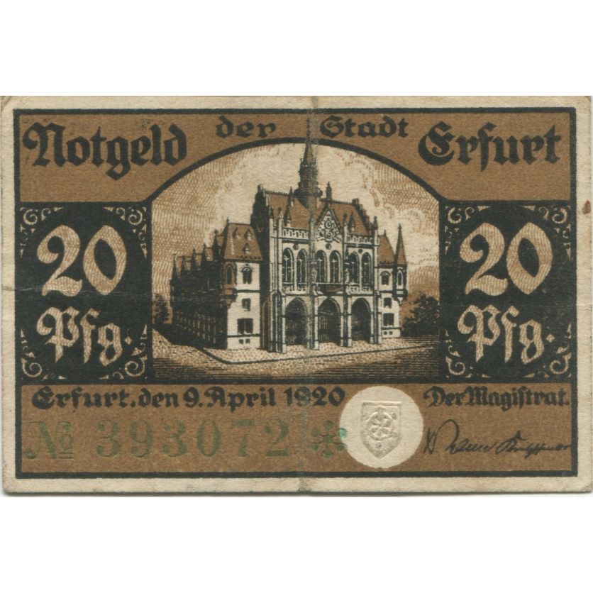 Billet, Allemagne, Erfurt Stadt, 20 Pfennig, Texte, 1920, 1920-04-09, TTB