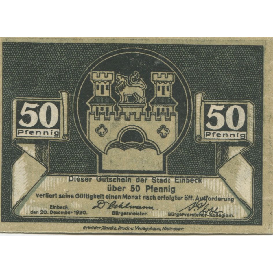 Banknote, Germany, Einbeck Stadt, 50 Pfennig, Eglise, 1920, 1920-12-20