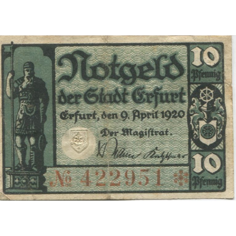 Billet, Allemagne, Erfurt Stadt, 10 Pfennig, Texte, 1920, 1920-04-09, TTB