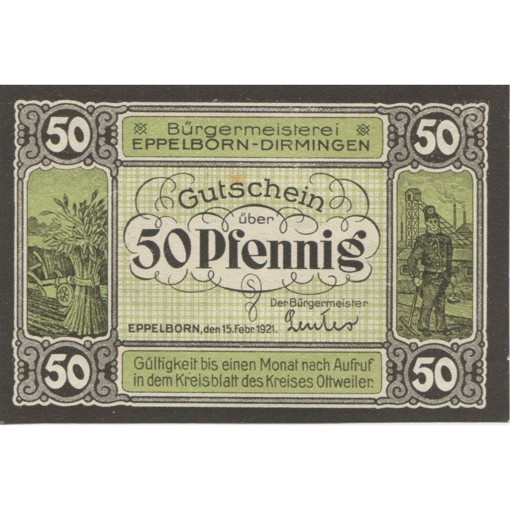 Banknote, Germany, Eppelborn Dirmingen Burgermeisterel, 50 Pfennig, personnage