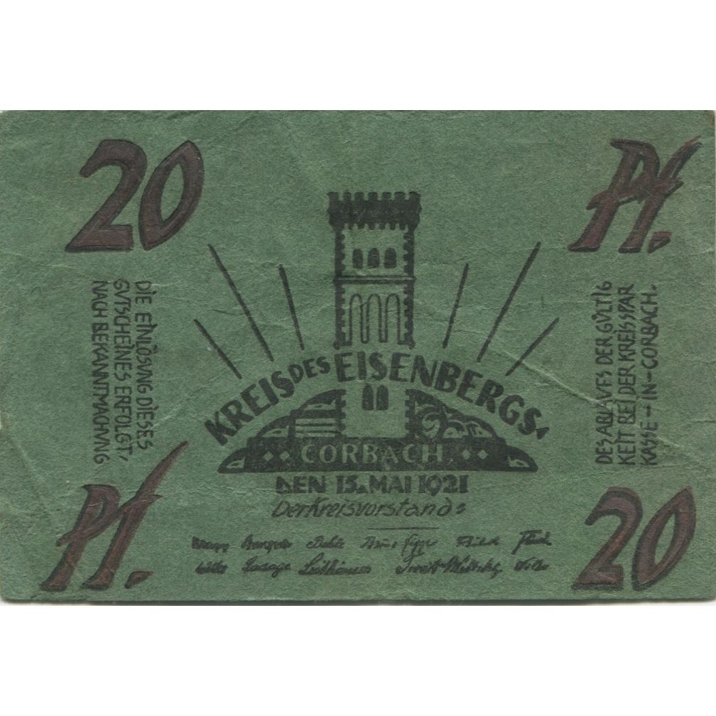 Banknote, Germany, Eisenberg Kreis Sitz in Corbach, 20 Pfennig, personnage
