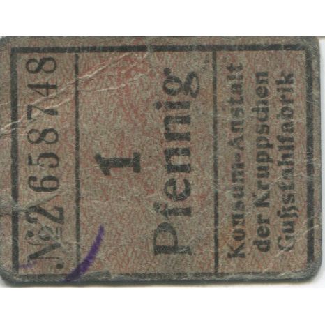 Banknote, Germany, Essen, Krupp, Konsum-Anstalt, 1 Pfennig, N.D, EF(40-45)