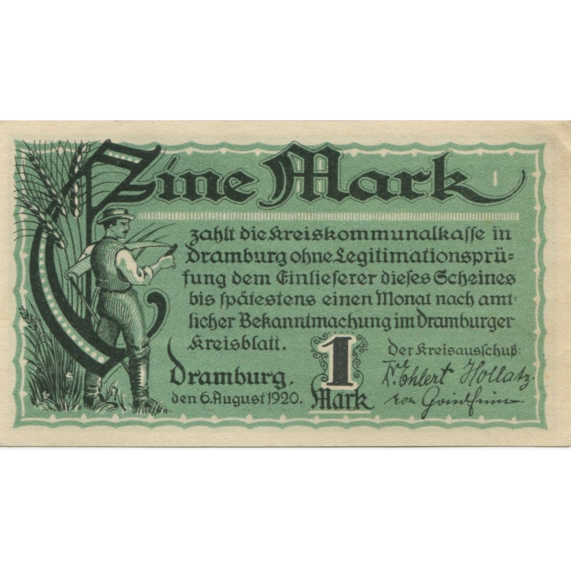 Banknote, Germany, Dramburg Kreisausschuß, 1 Mark, Texte, 1920, 1920-08-06