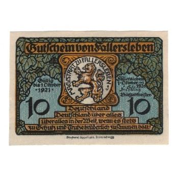 Geldschein, Deutschland, Fallersleben Stadt, 10 Pfennig, personnage, 1921
