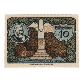 Geldschein, Deutschland, Fallersleben Stadt, 10 Pfennig, personnage, 1921