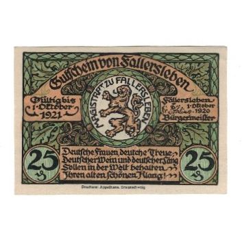 Banconote, Germania, Fallersleben Stadt, 25 Pfennig, personnage, 1921