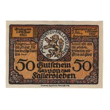 Banknote, Germany, Fallersleben Stadt, 50 Pfennig, personnage, 1921, 1921-10-01
