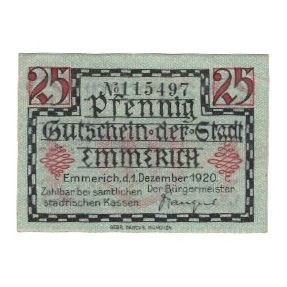Geldschein, Deutschland, Emmerich Stadt, 25 Pfennig, Blason, 1920, 1920-12-01