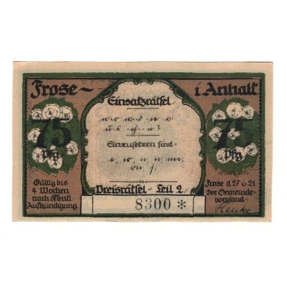 Banknote, Germany, Frose Gemeinde, 75 Pfennig, paysage, 1921, 1921-06-27