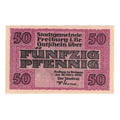 Geldschein, Deutschland, Freiburg i. Br. Stadt, 50 Pfennig, Batiment, 1920
