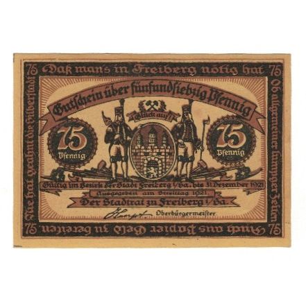 Banconote, Germania, Freiberg Stadt, 75 Pfennig, personnage, 1921, 1921-12-31