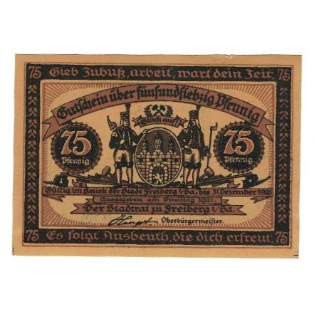 Banknote, Germany, Freiberg Stadt, 75 Pfennig, personnage 5, 1921, 1921-12-31