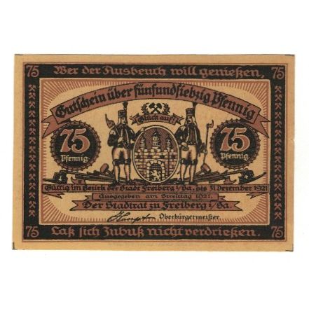 Banknote, Germany, Freiberg Stadt, 75 Pfennig, personnage 6, 1921, 1921-12-31