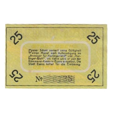 Banconote, Germania, Esens Stadt, 25 Pfennig, Texte, SPL-, Mehl:E29.3