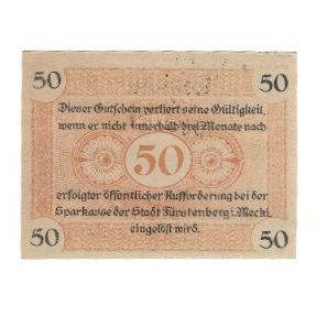 Banconote, Germania, Fürstenberg Stadt, 50 Pfennig, valeur faciale, 1920