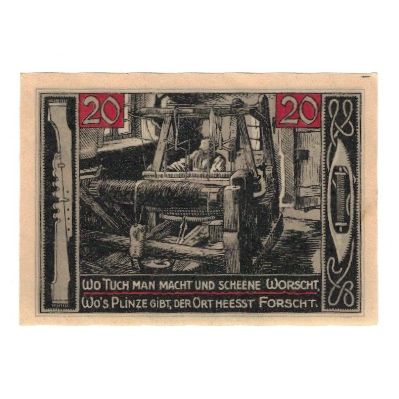 Billet, Allemagne, Forst i.L. Stadt, 20 Pfennig, métier à tisser, 1921
