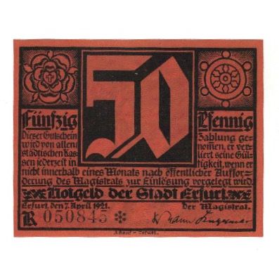 Nota, Alemanha, Erfurt Stadt, 50 Pfennig, personnage 1, 1921, 1921-04-07