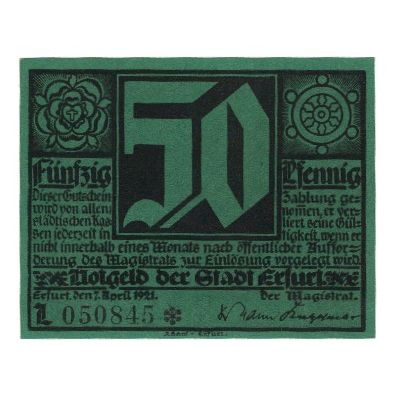 Biljet, Duitsland, Erfurt Stadt, 50 Pfennig, personnage 2, 1921, 1921-04-07