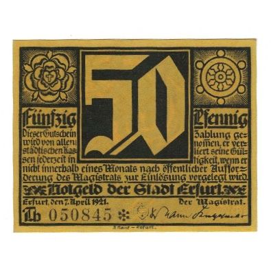 Geldschein, Deutschland, Erfurt Stadt, 50 Pfennig, personnage 3, 1921