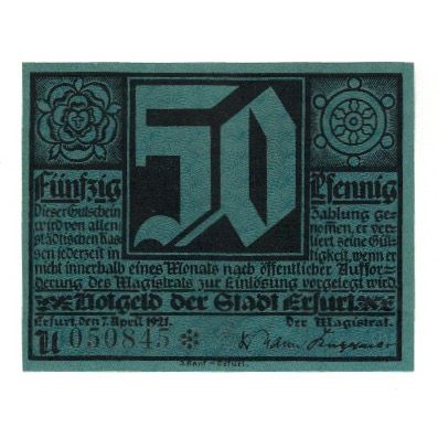 Biljet, Duitsland, Erfurt Stadt, 50 Pfennig, personnage 4, 1921, 1921-04-07