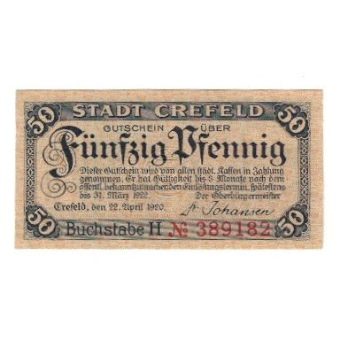 Banknote, Germany, Crefeld Stadt, 50 Pfennig, Batiment, 1922, 1922-03-31