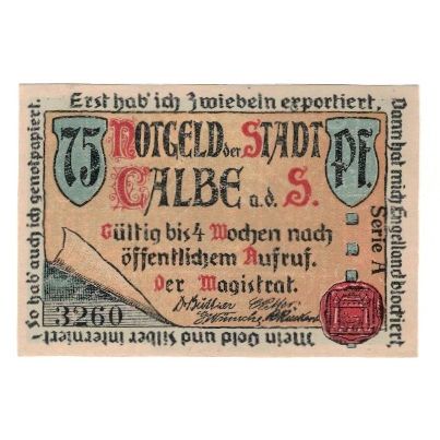 Banknote, Germany, Calbe a.d. Saale Stadt, 75 Pfennig, Eglise, undated (1921)