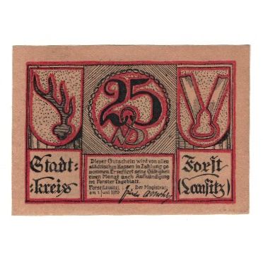 Geldschein, Deutschland, Forst i.L. Stadt, 25 Pfennig, valeur faciale, 1920