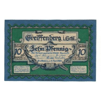 Banknote, Germany, Greiffenberg Stadtsparkasse, 10 Pfennig, personnage, 1920
