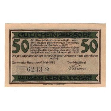 Banknote, Germany, Gernrode a.H. Stadt, 50 Pfennig, Ville, 1921, 1921-05-09