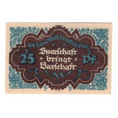 Banknote, Germany, Glatz Städtische Sparkasse, 25 Pfennig, personnage, 1921