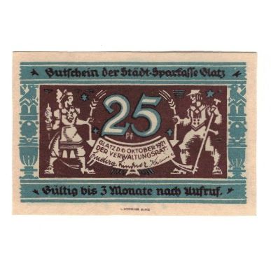 Banknote, Germany, Glatz Städtische Sparkasse, 25 Pfennig, personnage, 1921