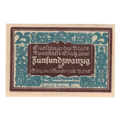 Banknote, Germany, Glatz Städtische Sparkasse, 25 Pfennig, personnage 1, 1921